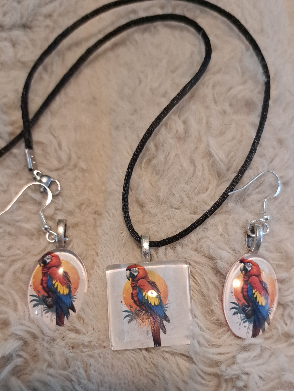 Hand Crafted Macsaw Parrot Print Jewelry Set Parrot Necklace and Earrings